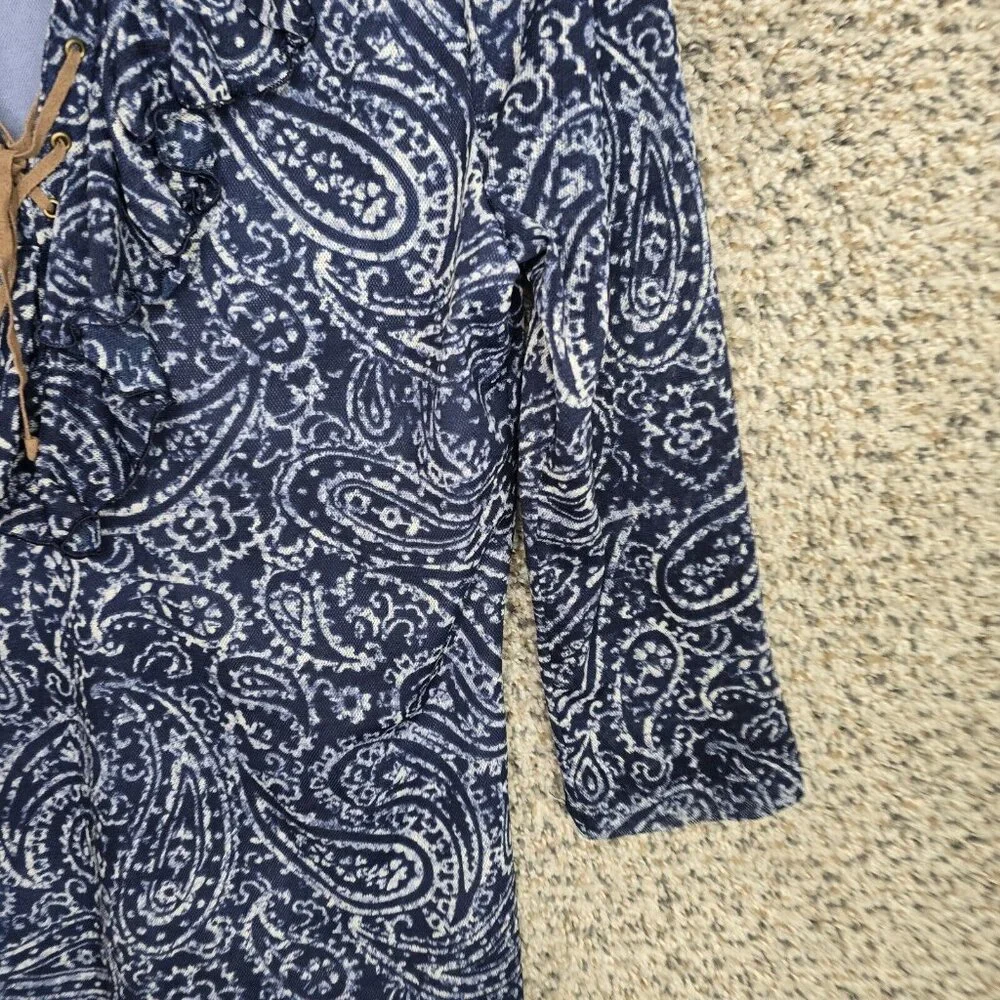 Chaps Top Womens Small Blue Mesh Paisley Ruffle Blouse‎ Lace Up Casual Ladies